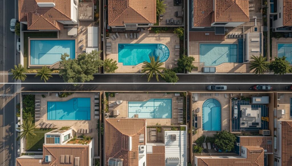 requisitos-piscinas-privadas-segun-municipio - LEGALIZATUPISCINA Piscinas privadas en diferentes entornos urbanos que ilustran cómo los requisitos pueden variar según el municipio